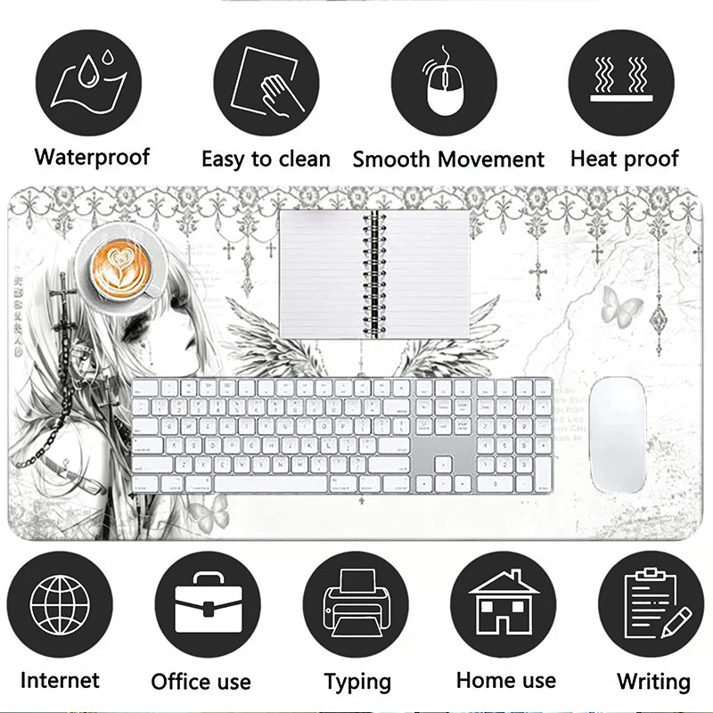 Leather Mousepad Black White Anime Aesthetics Angel Girl Mouse Pad