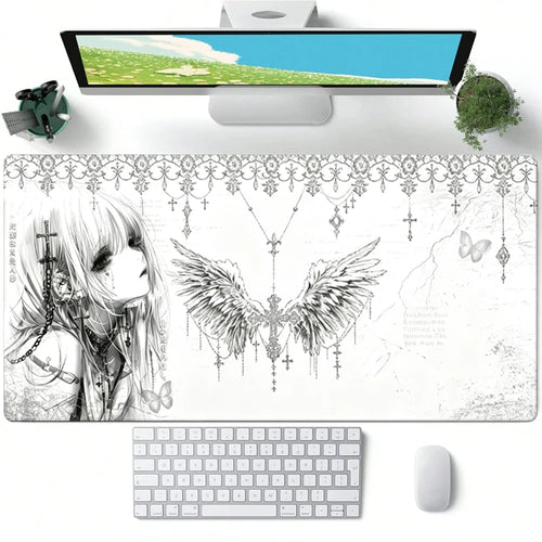 Leather Mousepad Black White Anime Aesthetics Angel Girl Mouse Pad