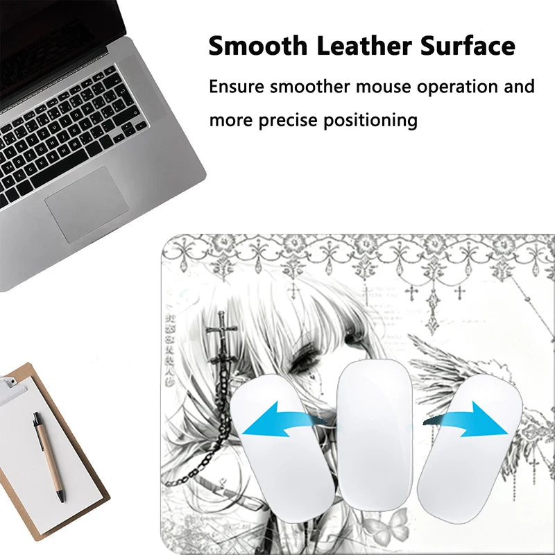 Leather Mousepad Black White Anime Aesthetics Angel Girl Mouse Pad